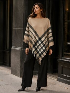V FRAAS Camel Plaid Fringe Poncho Wrap Cape One Size